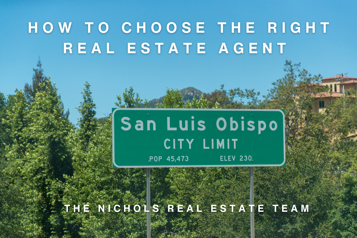San Luis Obispo Real Estate Agent Green San Luis Obispo city limit sign with surrounding trees and hills, used to highlight how to choose the right San Luis Obispo real estate agent.